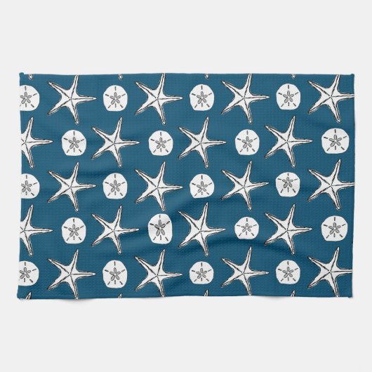 Starfish Sand Dollar Sketch Muster auf Ocean Blue Geschirrtuch (Horizontal)
