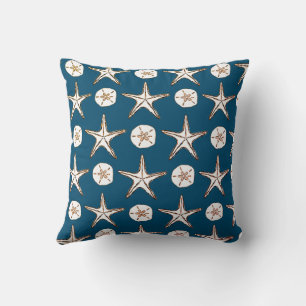 Starfish Sand Dollar Sketch Muster auf Ocean Blue Kissen