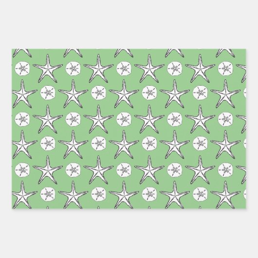 Starfish Sand Dollar Sketch Muster Grün Geschenkpapier Set (Vorderseite 3)