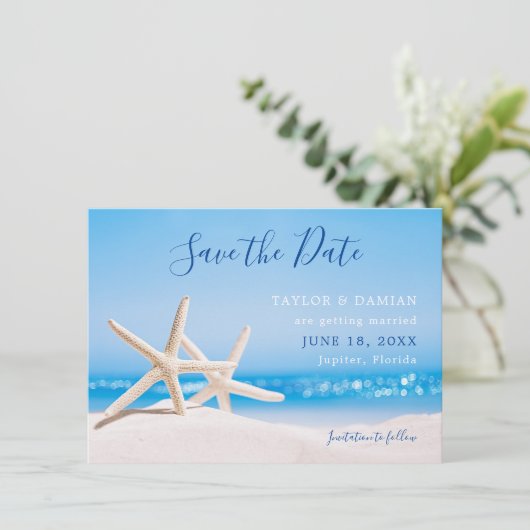 Starfish Save the Date am Strand Sand (Stehend Vorderseite)