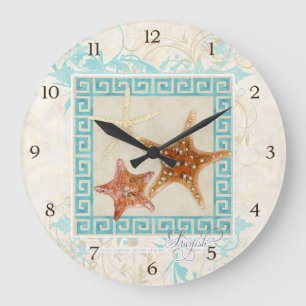 Starfish Sea Shells Ocean Greek Key Pattern Beach Große Wanduhr