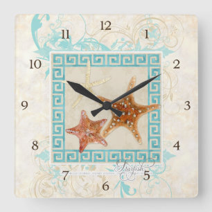 Starfish Sea Shells Ocean Greek Key Pattern Beach Quadratische Wanduhr