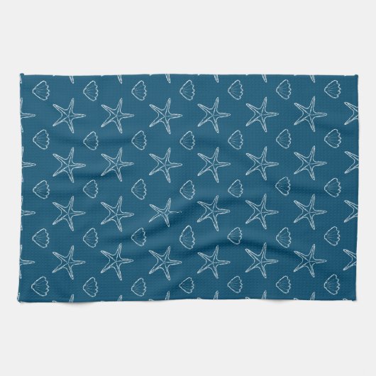 Starfish Seashell Sketch Muster auf Ocean Blue Geschirrtuch (Horizontal)