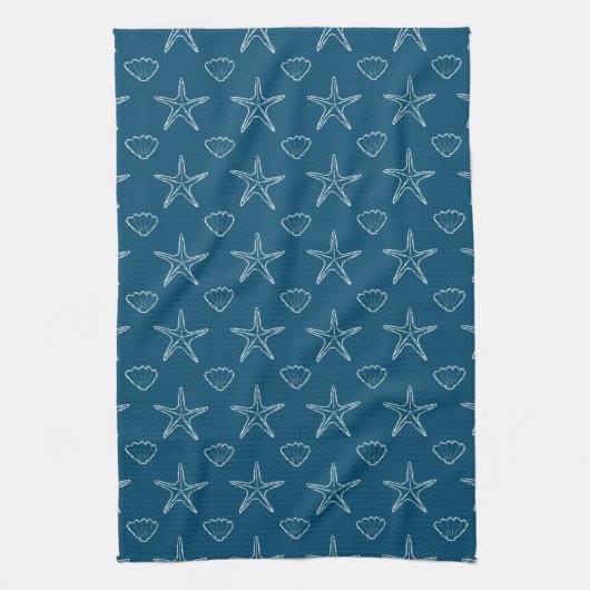 Starfish Seashell Sketch Muster auf Ocean Blue Geschirrtuch (Vertikal)