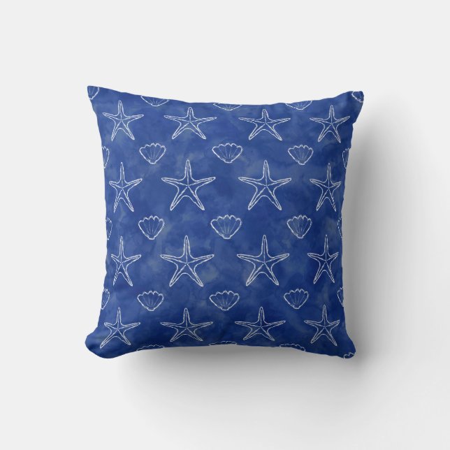 Starfish Seashell Sketch Pattern Blue Watercolor Kissen (Vorderseite)
