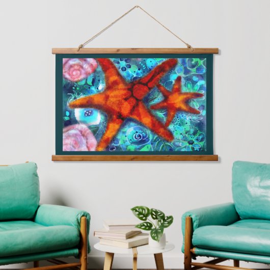 Starfish Seashells Beach Coastal Nautic Abstrakt Wandteppich Mit Holzrahmen (Wohnzimmer)