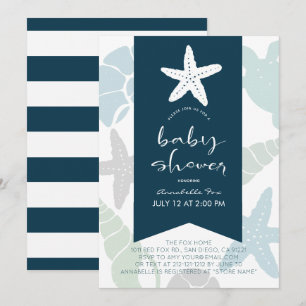 Starfish & Seashells Navy Blue Baby Dusche Einladung