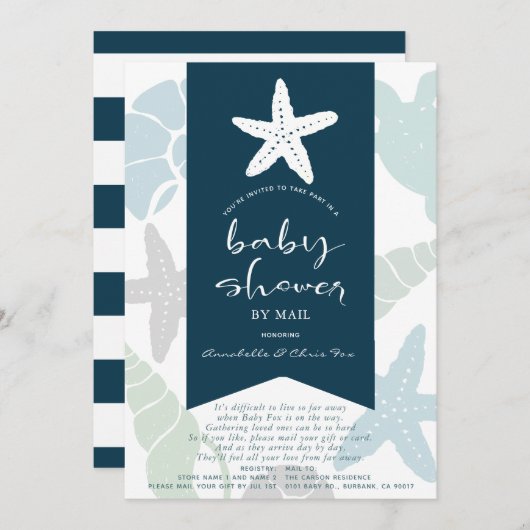 Starfish & Seashells Navy Blue Baby Dusche von Mai Einladung (Vorne/Hinten)