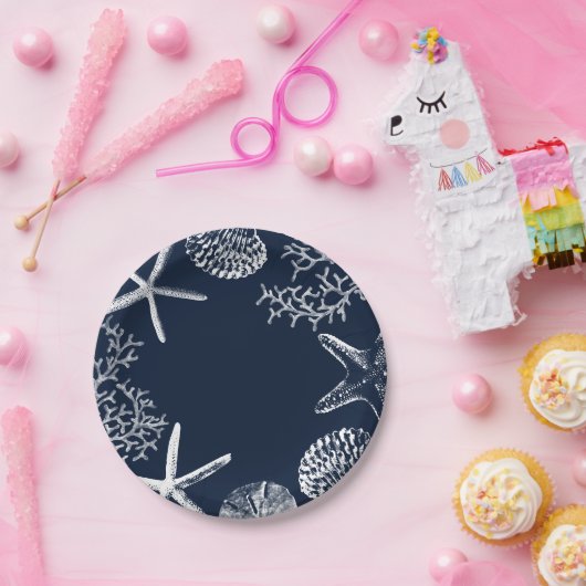 Starfish & Seashells Navy Blue Pappteller (Party)