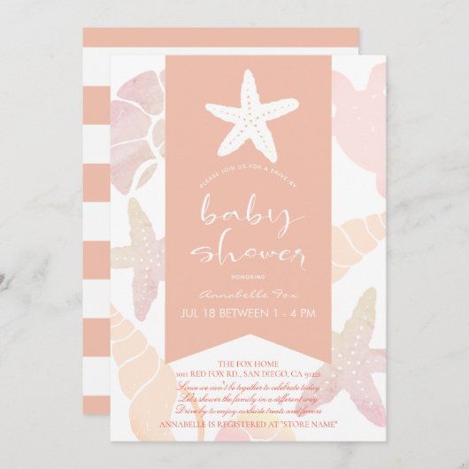 Starfish & Seashells Pink Drive-by Baby Shower Einladung (Vorne/Hinten)