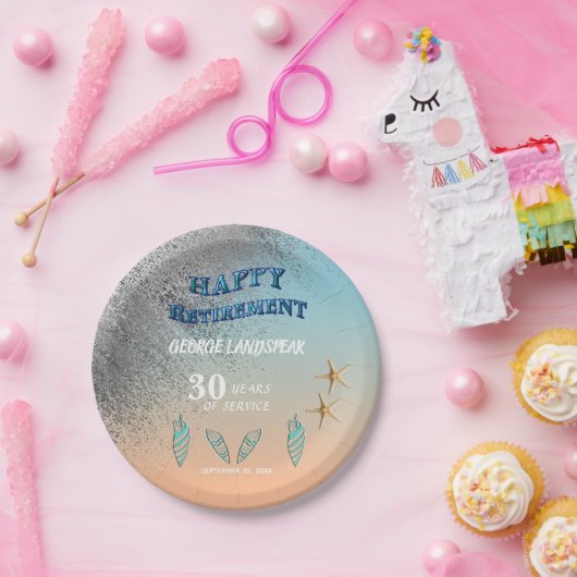 Starfish Seashells Silver Glitzer Happy Retirement Pappteller (Party)