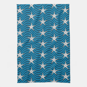 Starfish Sketch Blaue Wellenmuster Geschirrtuch