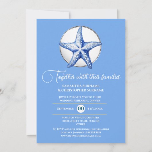 Starfish Theme Hochzeit blau weißes silbernes Meer Einladung (Vorderseite)