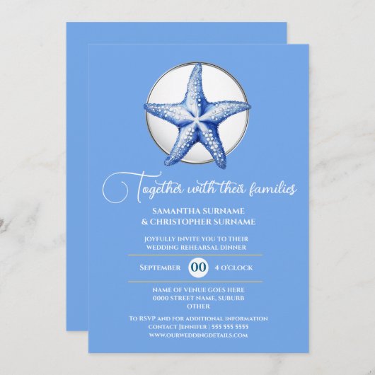 Starfish Theme Hochzeit blau weißes silbernes Meer Einladung (Vorne/Hinten)