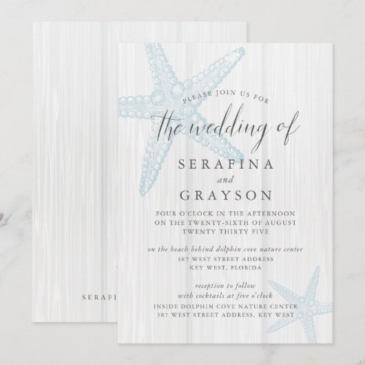 Starfish Tropical Rustic Beach Blue Wedding Invit Einladung (Vorne/Hinten)