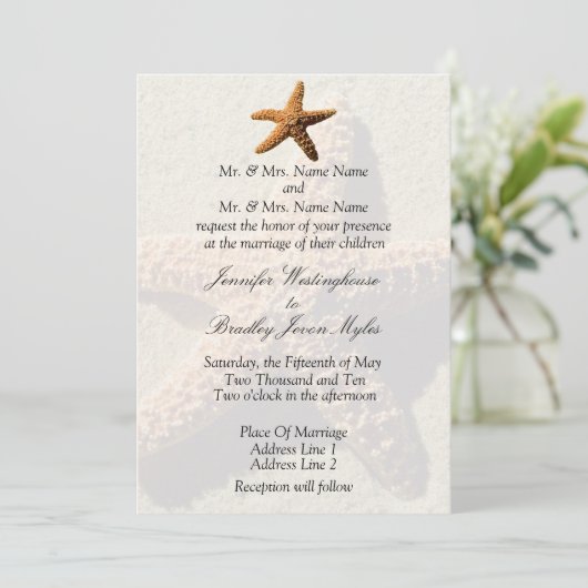 Starfish Tropical Wedding Beach Einladung (Stehend Vorderseite)