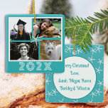 Starfish Turquoise Family Foto Collage gestorben Keramikornament<br><div class="desc">Türkisfarbene Weihnachtsschmuck mit Seesterdesign und vier Fotovorlagen. Dieser flache, quadratische Baum lasse großen Familien mehr Fotos in einem kleinen Paket teilen. Das tropische Thema ist blau-grün und weiß. Große Zahlen auf der Vorderseite für das Jahr liegen unter den vier Fotos. Ein weißes Meeressternmuster schmückt den Rücken mit einer Formulierung, die...</div>