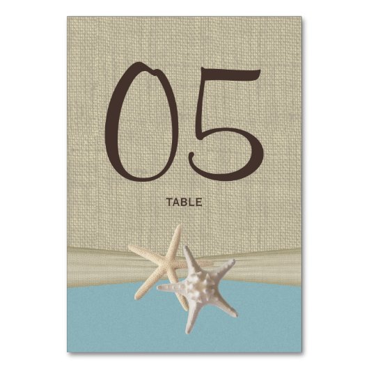 Starfish und Burlap Blue Tischnummer Card (Vorderseite)