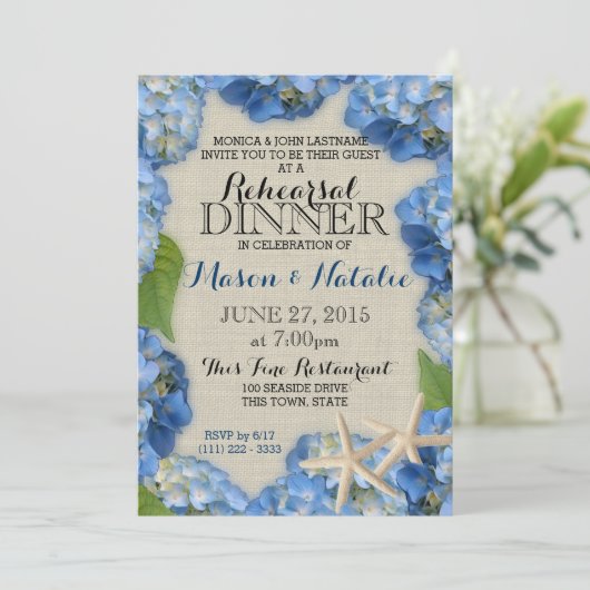 Starfish und Hydrangeas Beach Probe Dinner Einladung (Stehend Vorderseite)