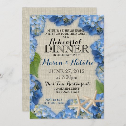 Starfish und Hydrangeas Beach Probe Dinner Einladung (Vorne/Hinten)