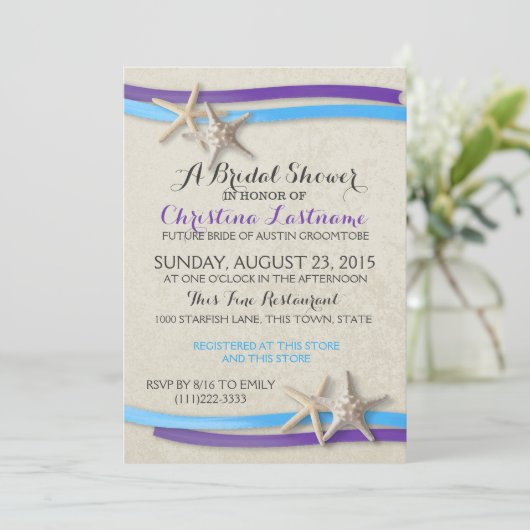 Starfish und Lila und blaues Brautparty mit Ribbon Einladung (Stehend Vorderseite)