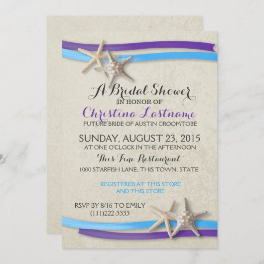 Starfish und Lila und blaues Brautparty mit Ribbon Einladung (Vorne/Hinten)