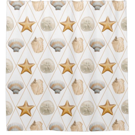 Starfish und Muscheln an der Küste Duschvorhang (Vorderseite)