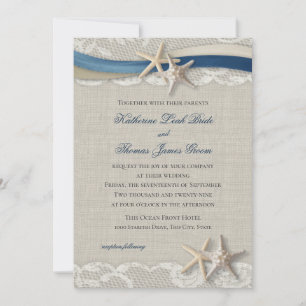 Starfish und Ribbon Beach Navy Blue und Champagne Einladung