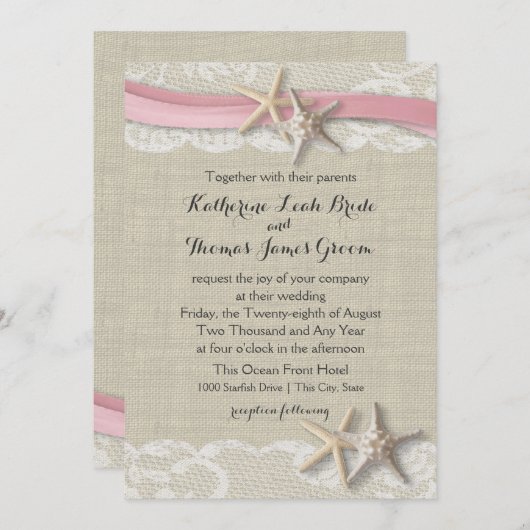 Starfish und Ribbon Beach Pink Einladung (Vorne/Hinten)