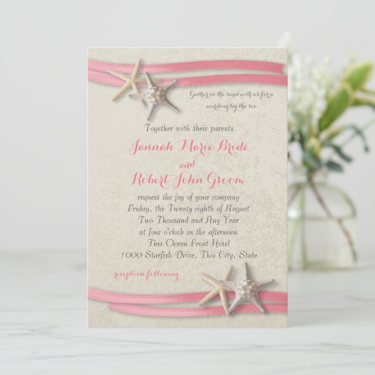 Starfish und rosa Ribbon Einladung (Stehend Vorderseite)