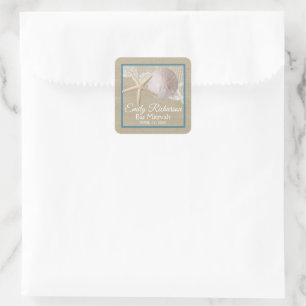 Starfish und Sand Dollar Burlap Beach Bat Mitzvah Quadratischer Aufkleber