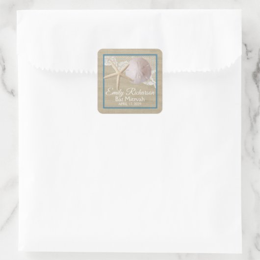 Starfish und Sand Dollar Burlap Beach Bat Mitzvah Quadratischer Aufkleber (Tasche)