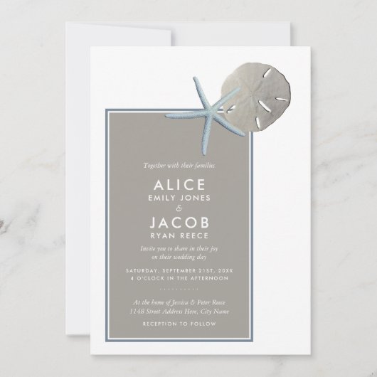 Starfish und Sand Dollar - Hochzeit am Strand Einladung (Vorderseite)