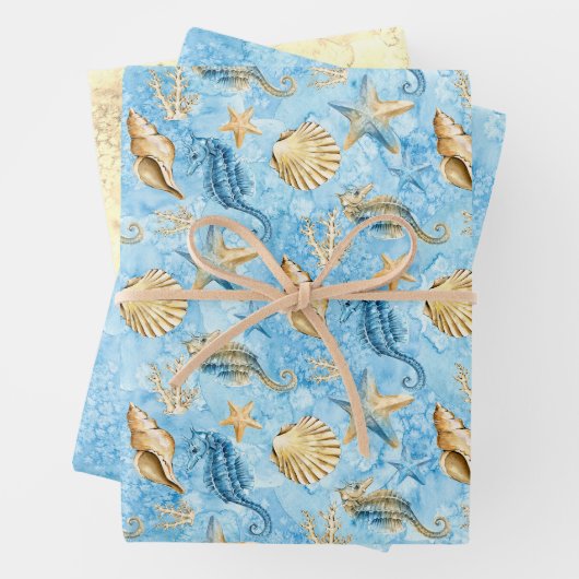 Starfish und Seepferde Blauer Ozean Sandfarbe Geschenkpapier Set (Beispiel)