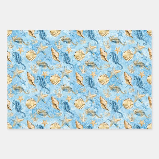 Starfish und Seepferde Blauer Ozean Sandfarbe Geschenkpapier Set (Vorderseite)