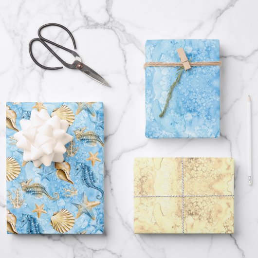 Starfish und Seepferde Blauer Ozean Sandfarbe Geschenkpapier Set (Vorderseite)