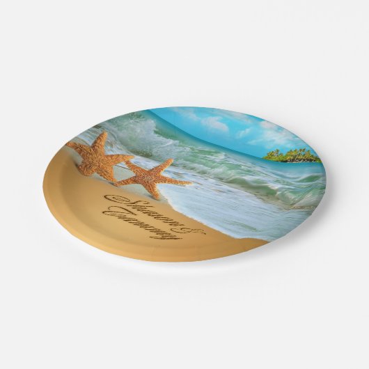 Starfish verbinden FRAGEN, UM IHRE NAMEN IN SAND Pappteller (Schrägansicht)