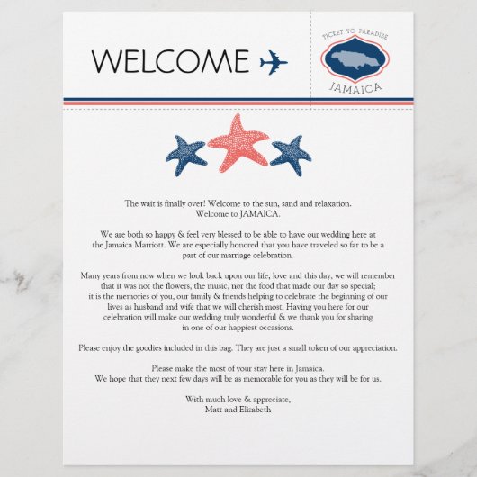 Starfish Wedding Willkommensbrief für Jamaika (Vorderseite)