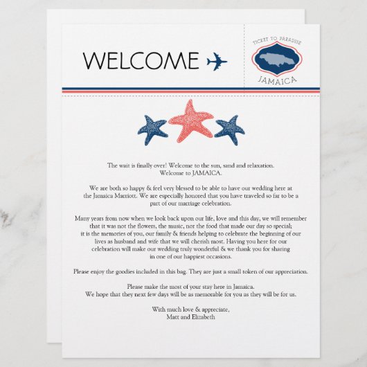 Starfish Wedding Willkommensbrief für Jamaika (Vorne/Hinten)
