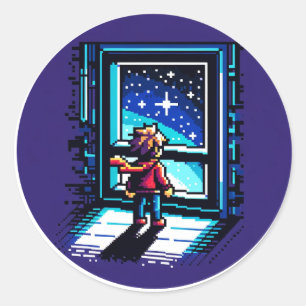 Stargazer beim Window Dreamy Pixel Art Night Sky Runder Aufkleber