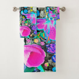 Stargazer Lily, Rose und Rosa Hibiskus Collage Badhandtuch Set
