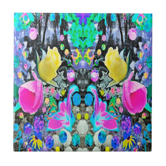 Stargazer Lily, Rose und Rosa Hibiskus Collage Fliese (Vorderseite)