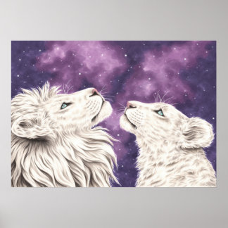 Stargazers Galaxy White Lion Couple Liebe Seeleute Poster