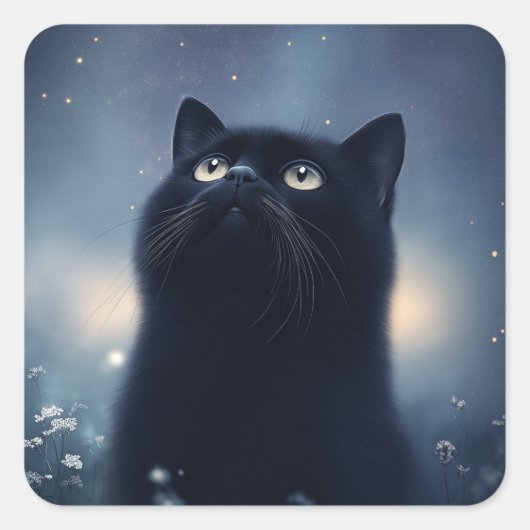 Stargazing Black Cat Under a Midnight Sky Quadratischer Aufkleber (Vorderseite)