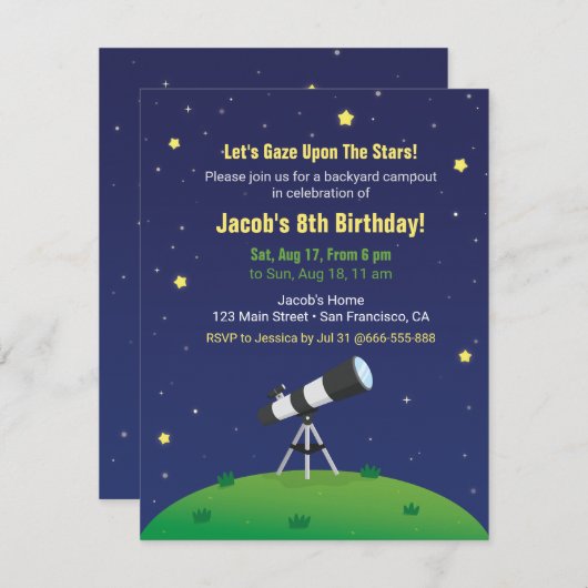 Stargazing Campout Astronomischer Kindergeburtstag Einladung (Vorne/Hinten)