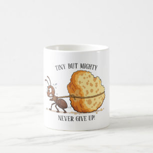 Starke Ameise, die ein riesiges Stück Käse trägt Kaffeetasse