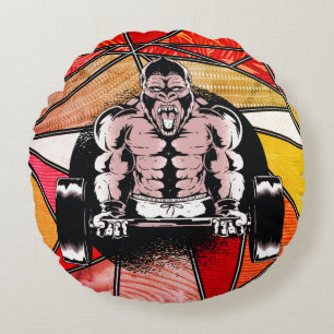 Starke Gorilla pumpt Muskeln von Barbell Design Rundes Kissen
