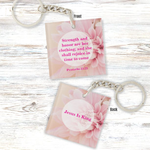 Stärke und Ehre Bibelvers mit rosa Blume Schlüsselanhänger