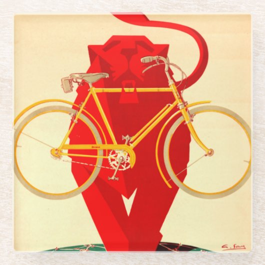 Starker roter Löwe greift frühes Fahrrad im Kiefer Glasuntersetzer (Vorderseite)