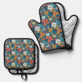 Starkes Sommerblumenmuster Ofenhandschuh & Topflappen-Set (Vorderseite/Rückseite)